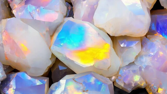 Iridescent opal crystals, close-up footage