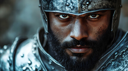 Heroic knight in battle armor medieval setting intense portrait close-up view valor and strength concept for epic storytelling