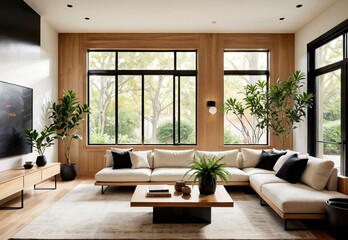 Fototapeta premium Contemporary Minimalist Living Room with White Sofa, Abstract Art, and Natural Light