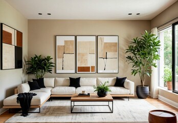 Fototapeta premium Contemporary Minimalist Living Room with White Sofa, Abstract Art, and Natural Light