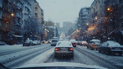 a car driving down a snowy street next to tall buildings and traffic lights at night time with snow...