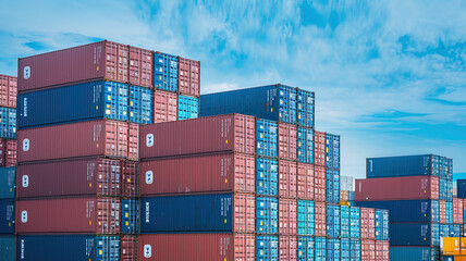 Fototapeta premium Stack of Uniformly Sized Containers Arranged in a Grid Pattern with Varying Intervals, Set Against a Predominantly Blue Background, Suggesting a Harbor or Shipping Yard Setting with Industrial 