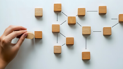 A concept depicting business process management and automation, with a person moving wooden pieces on a flowchart diagram to improve productivity and efficiency.