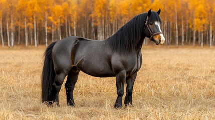 Naklejka premium Black draft horse in autumn field.