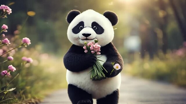 road rural cub panda holding greeting flowers card cute
