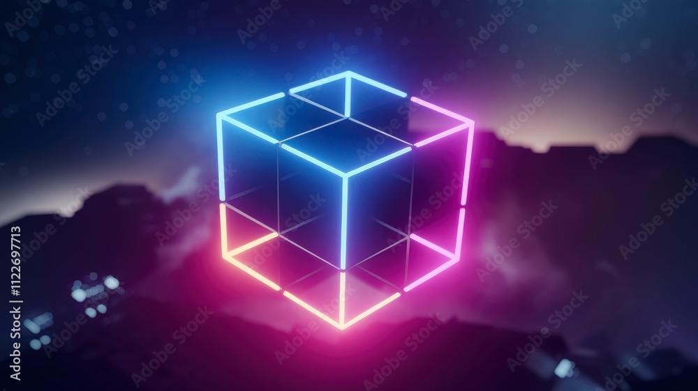 Poster Futuristic glowing neon cube design cosmic space digital art sci-fi environment abstract perspective technology concept