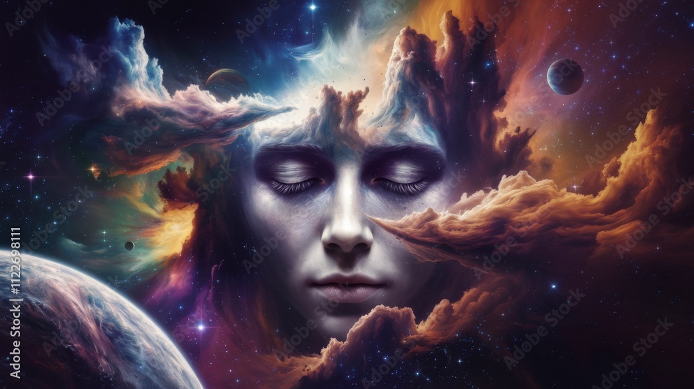 Aufkleber Cosmic face emerging from nebula clouds outer space digital art cosmic environment surreal viewpoint mystical concept