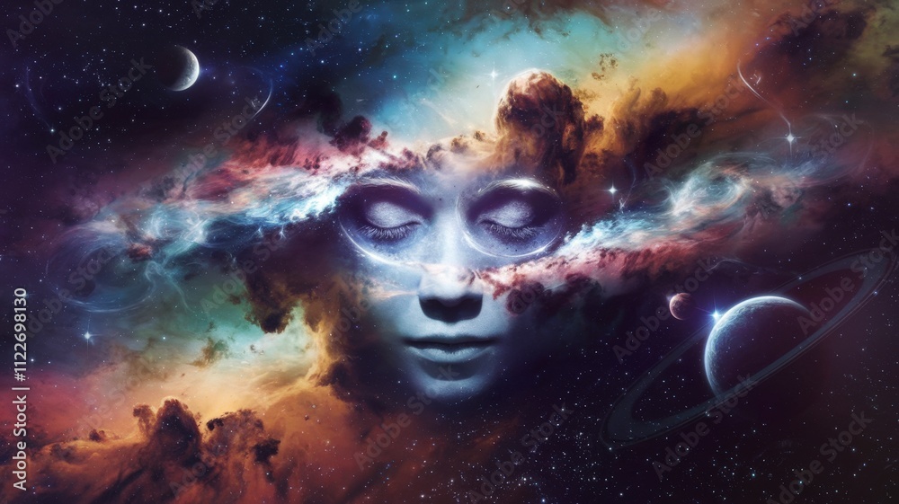Poster cosmic face surrounded by swirling nebula clouds in space digital art ethereal environment dreamlike