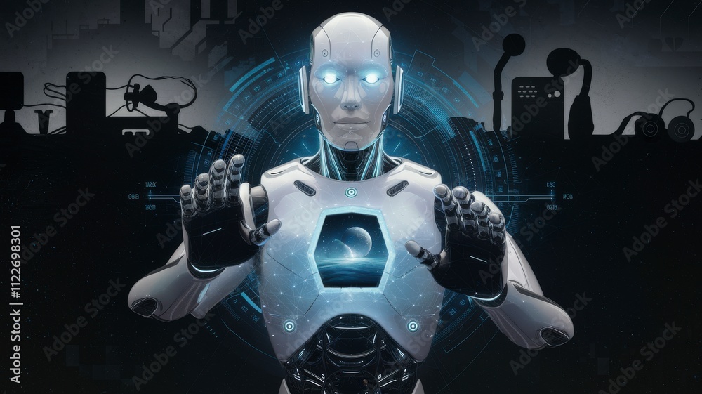 Poster futuristic robot with glowing blue lights manipulating energy in a sci-fi laboratory - cyberpunk dig