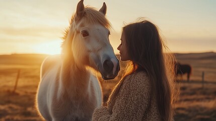 Obraz premium Girl and horse nuzzling at sunset.