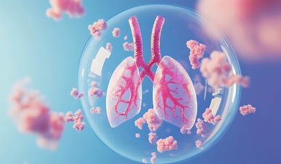 Futuristic Digital Illustration of Lungs with Cartoonish, Glowing Granules and Virus Shapes on Blue Background