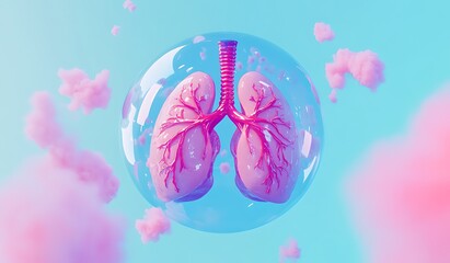 Futuristic Digital Illustration of Lungs with Cartoonish, Glowing Granules and Virus Shapes on Blue Background
