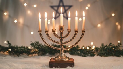 Fototapeta premium Celebrating hanukkahmenorah lighting in a cozy home setting with twinkling lights and festive decor