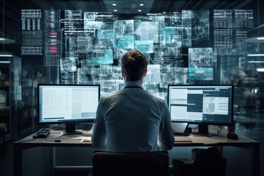 A man is sitting at a desk with two computer monitors in front of him