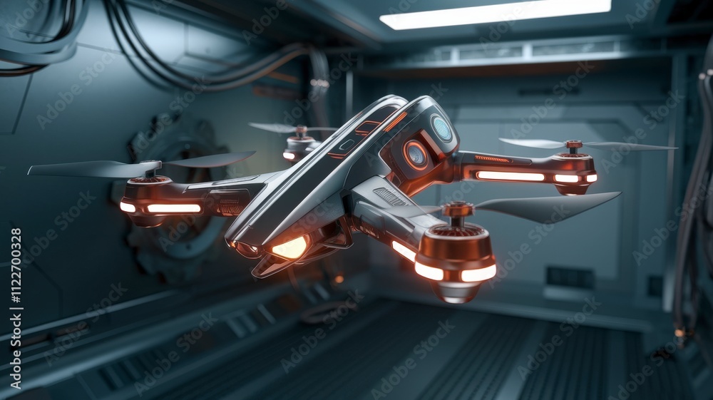 Poster sleek futuristic drone in industrial space technology dynamic viewpoint highlighting high-tech innov