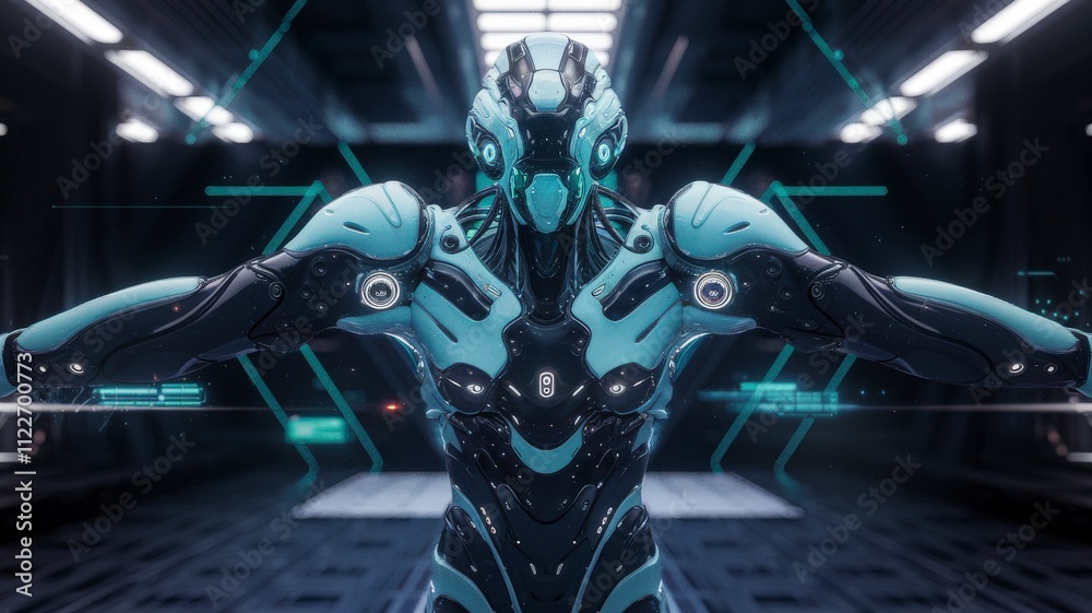 Aufkleber Futuristic robot display high-tech lab digital art sci-fi environment close-up view innovative concept