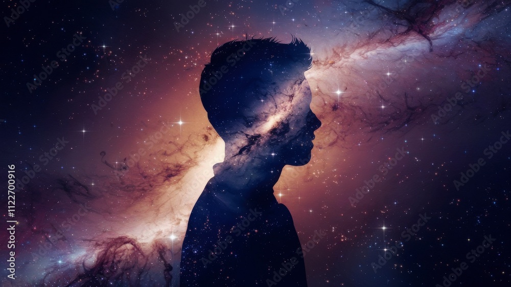 Poster silhouette of a person with nebulae cosmic dreamscape digital art creative space profile view explor