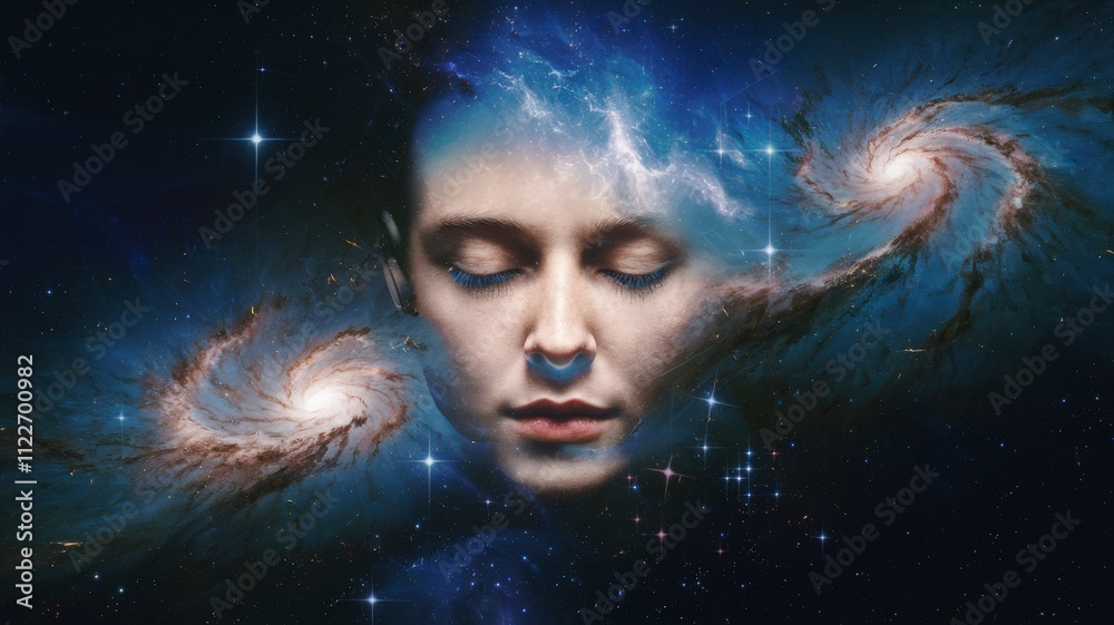Poster surreal cosmic portrait of a human face blending with galaxies in space digital art mystical environ