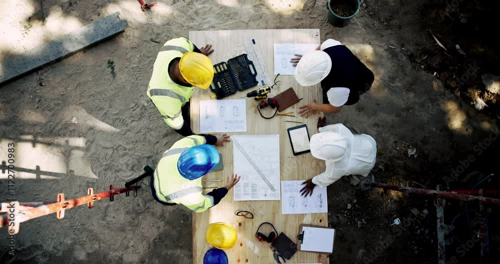 Poster architecture, meeting and planning with construction worker team on building site from above. collab
