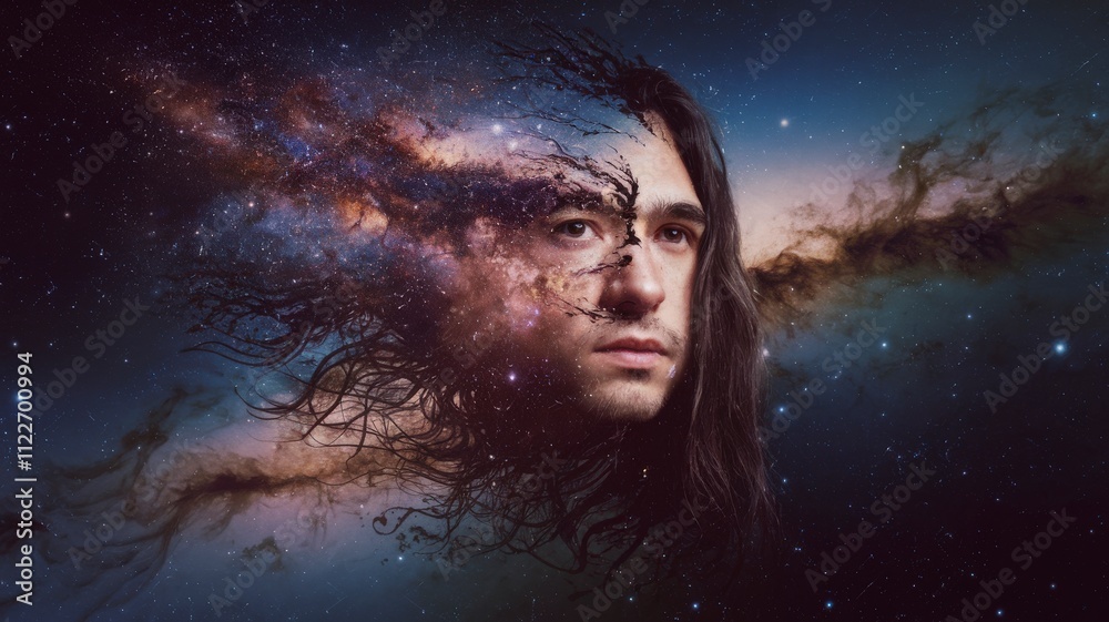 Poster dreamlike cosmic portrait ethereal self-discovery and identity exploration in surreal deep space dig