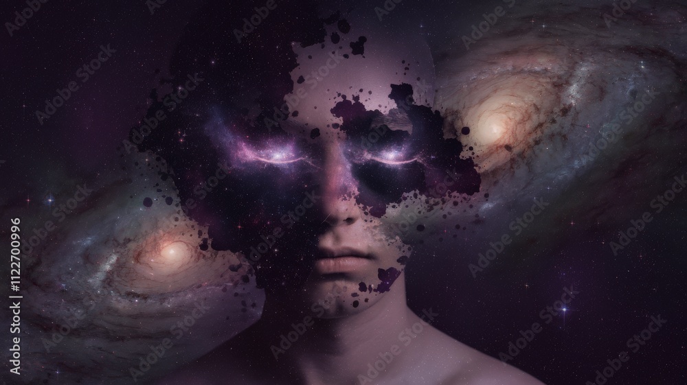 Poster Surreal cosmic portrait of a person with galactic features space environment digital art abstract viewpoint imagination