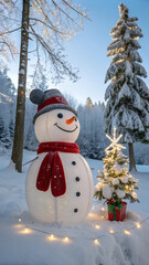 Obraz premium Christmas decoration with a cute cheerful snowman in the snow in the winter forest