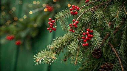 Christmas decoration with fir branches red berries. Green christmas backround.