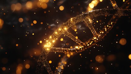 Abstract Futuristic DNA Double Helix Structure with Glowing Particles and Bokeh Background
