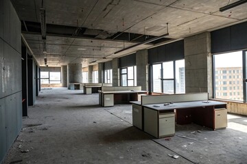 Abandoned office space with dark concrete walls and empty desks, office furniture, empty desks, vacant space, minimalist design
