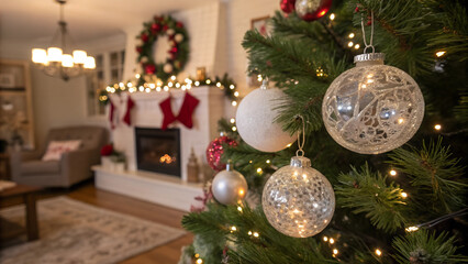 Christmas decorations glass balls on the Christmas tree. Christmas background.