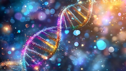 Abstract Futuristic DNA Double Helix Structure with Glowing Particles and Bokeh Background