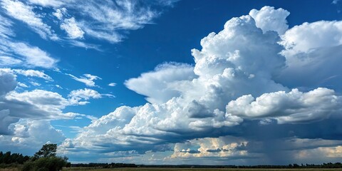 A bright blue sky with large billowy white clouds that create a dramatic effect, blue sky, landscape photography, dramatic effect, outdoor photography, white cloud