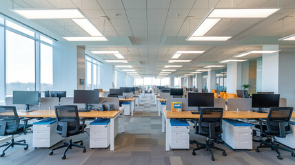 Modern Office Space with Spacious Layout, Multiple Workstations with Computers, Chairs, and Storage Drawers, Large Windows Allowing Ample Natural Light, Rectangular Lighting Fixtures, Neutral Color