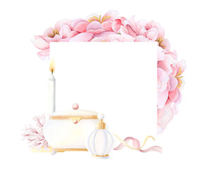 Pink floral square frame template with lady beauty accessories, jewelry box, perfume, candle, ribbons and peonies bouquet watercolor isolated illustration. Bachelorette party card in pastel colors