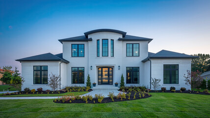 Fototapeta premium Modern Two-Story House with Light-Colored Exterior and Dark-Framed Windows, Curved Entranceway, Surrounded by Well-Maintained Landscaping with Shrubs, Flowers, and Manicured Lawn, Gradient Blue Sky 