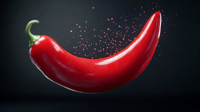 A vibrant red chili pepper floating with spice particles in the air.