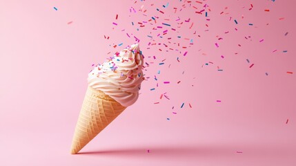 A high-angle minimalist display of ribbon curls spilling out dramatically from a cone, confetti subtly scattered, resting on a serene pink background
