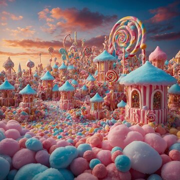 "Sugar-Coated Dreams: Step into an enchanting Candyland Wonderland filled with vibrant, oversized lollipops, sparkling gumdrops, and whimsical candy canes. In the distance, a majestic palace made enti