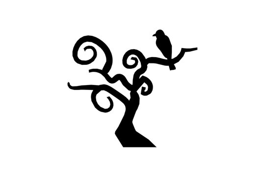 Clip art of bent tree and bird silhouette