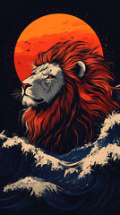 A majestic lion with a fiery mane against a vibrant sunset and crashing waves.