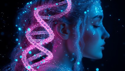 Abstract Futuristic DNA Double Helix Structure with Glowing Particles and Bokeh Background