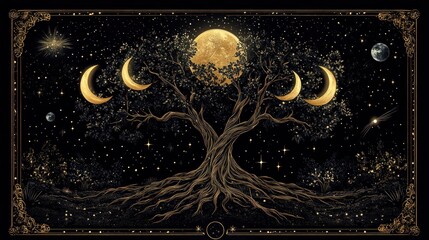 Here's a description and keywords for the image.. Mystical golden tree of life with full moon and crescent moons against a starry night sky.