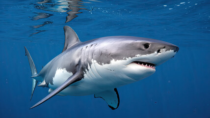 Naklejka premium Majestic Great White Shark Swimming in Deep Blue Ocean, Streamlined Body and Sharp Teeth Visible, Sunlight Filtering Through Water Creating Shimmering Effect, Close to Surface with Frontal View