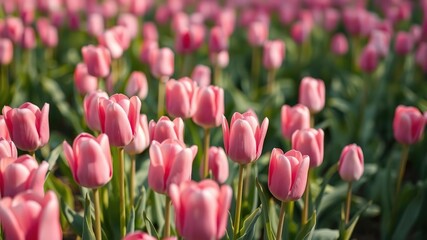 Obraz premium A field of pink tulips swaying gently in the breeze, peaceful atmosphere, outdoor setting