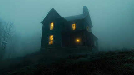Mysterious house emerges from fog abandoned location haunting scene eerie atmosphere nighttime viewpoint ghostly concept