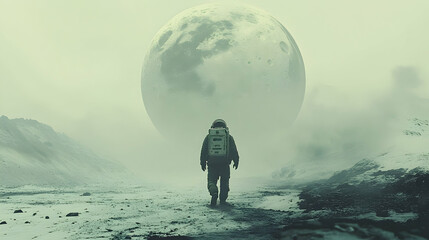 Astronaut exploring an alien landscape moonlit terrain digital art surreal environment wide view interstellar journey