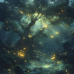 Obraz premium Enchanted nighttime scene of a magical tree mystical forest digital art dreamlike atmosphere wide angle nature's wonder