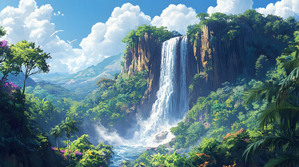 Breathtaking waterfall cascades amid lush jungle tropical paradise digital art serene landscape aerial view nature's splendor