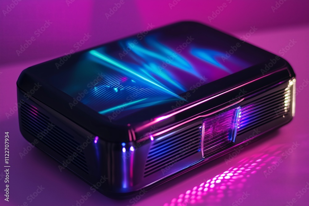 Aufkleber A portable projector casting a sharp, holographic 3D image on a blank wall.