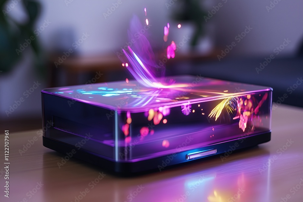 Poster A portable projector casting a sharp, holographic 3D image on a blank wall.